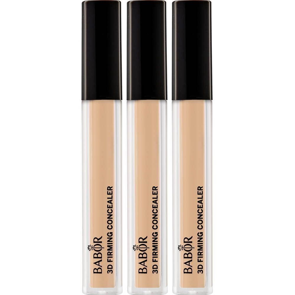Drie Babor 3D Firming Concealers in natuurlijke tinten met zwarte doppen.