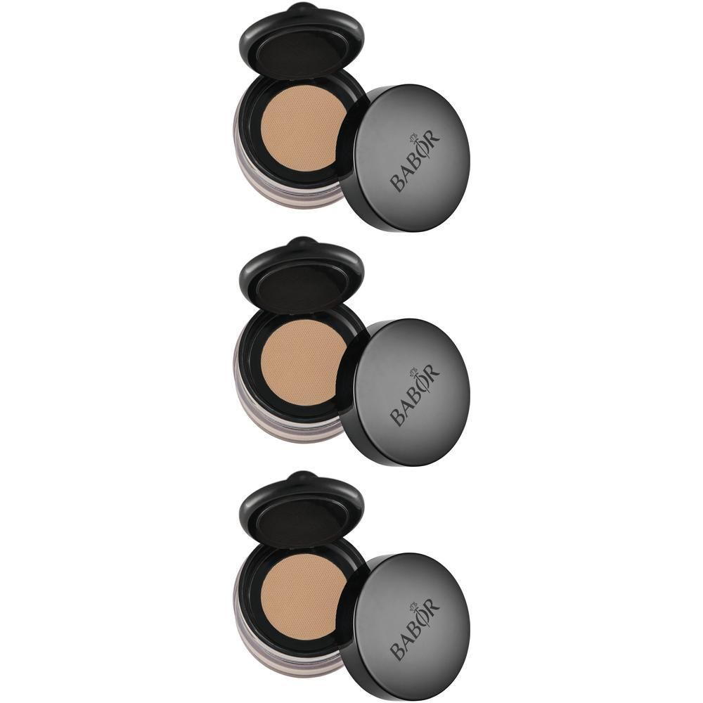 Trois Babor Mineral Powder Foundation en beige moyen, montrés ouverts.