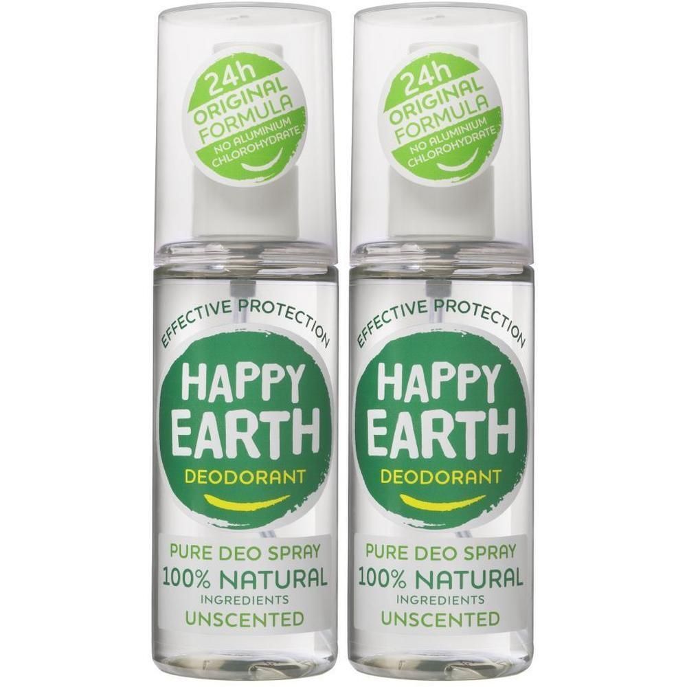 Twee flessen Happy Earth Deodorant Spray, 100% natuurlijk, ongeparfumeerd, 24u originele formule.