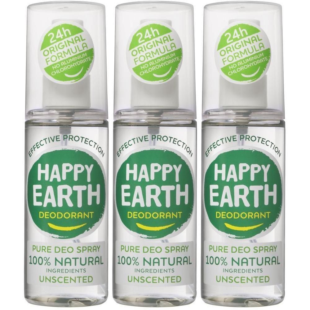Trois flacons de spray déodorant Happy Earth, 100% naturel, sans parfum.