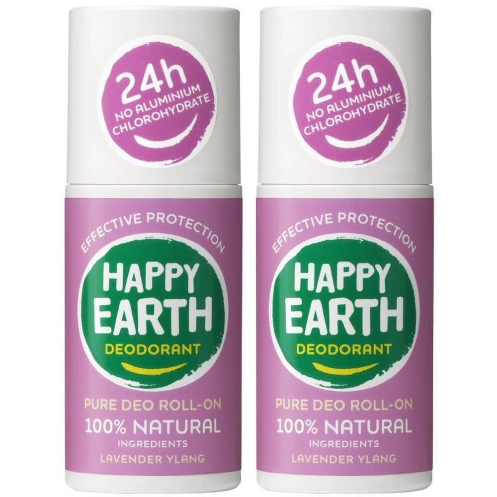 Deux roll-ons déodorants Happy Earth Lavande Ylang. Protection 24h sans chlorhydrate d'aluminium.
