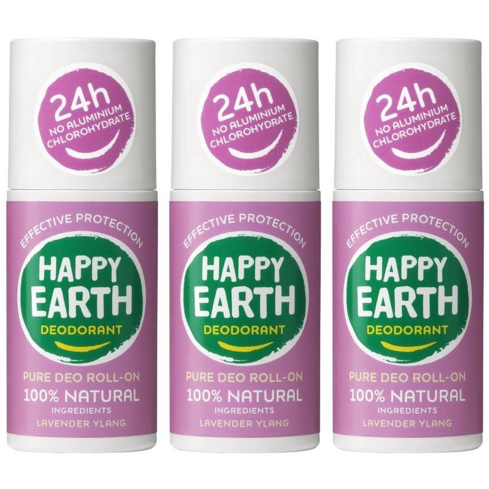 Drie Happy Earth Deodorant Roll-ons Lavendel Ylang. 24u bescherming, zonder aluminiumchlorhydraat.