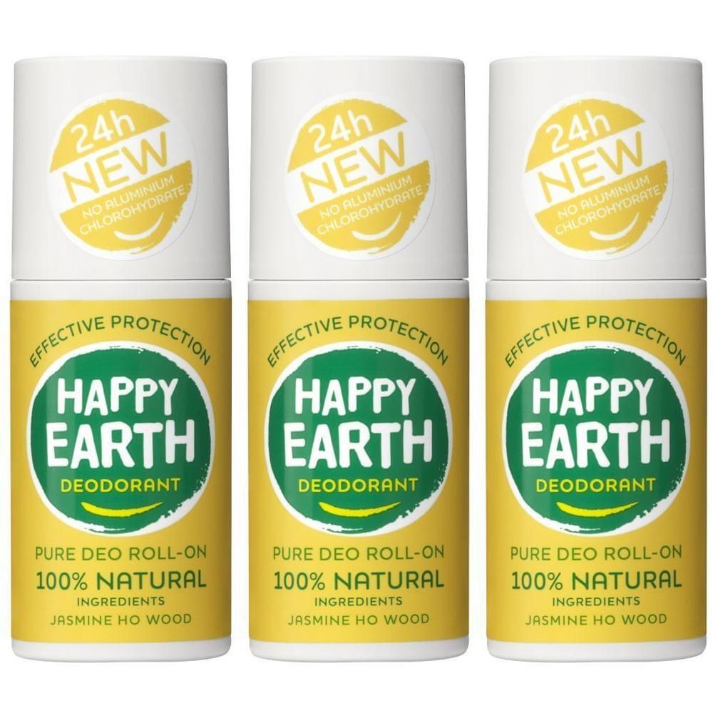 Drie Happy Earth Deodorant Roll-Ons met Jasmijn & Ho Hout geur. 100% natuurlijk, 24u bescherming.