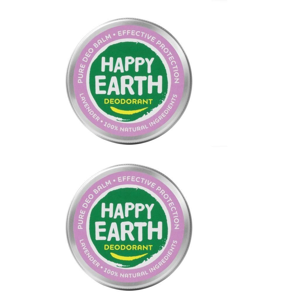 Twee ronde blikjes Happy Earth Deodorant Lavendel met 100% natuurlijke ingrediënten.