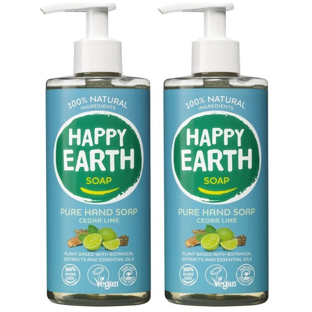 Twee flessen HAPPY EARTH handzeep, geur "Cedar Lime". 100% natuurlijke ingrediënten.