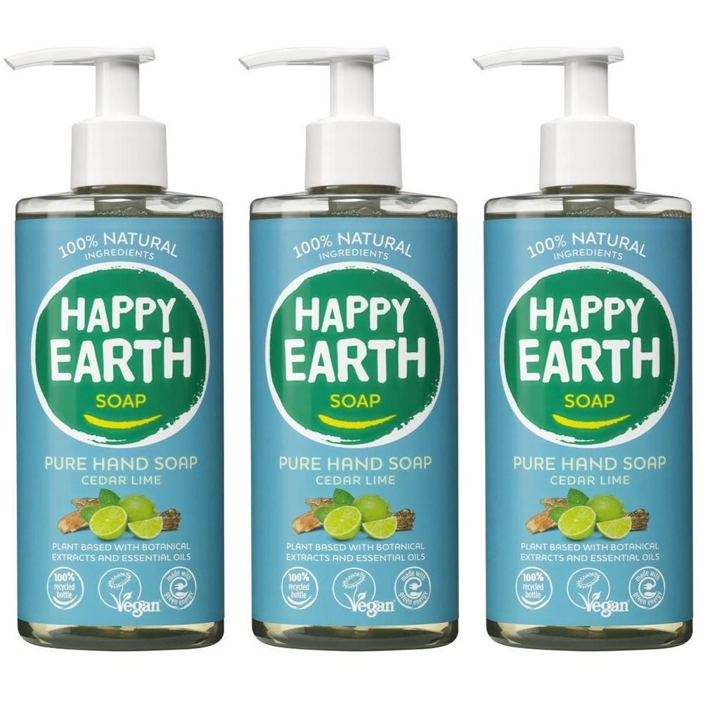 Drie flessen HAPPY EARTH Pure Hand Soap Cedar Lime met pompdispensers.