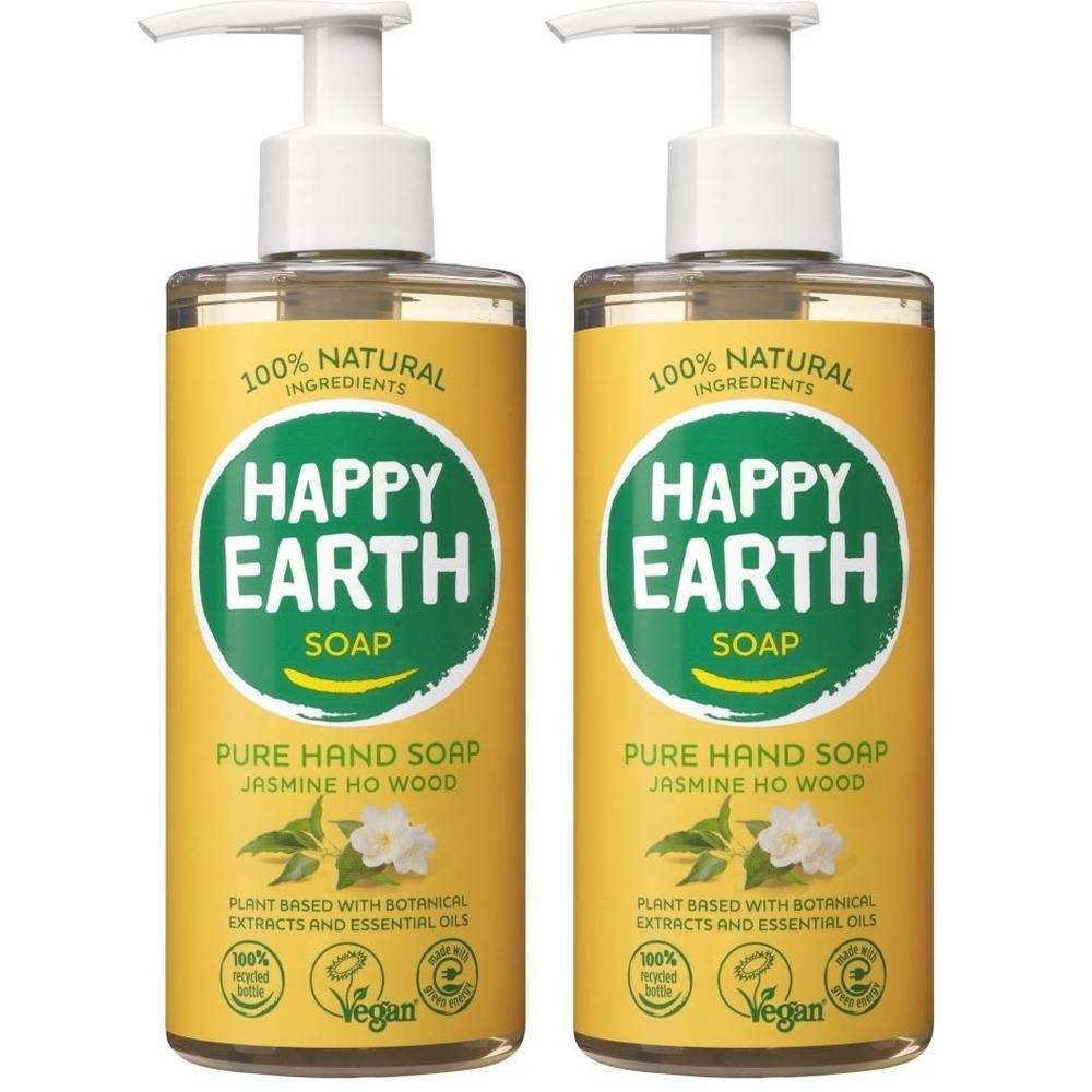 Twee flessen HAPPY EARTH Handzeep Jasmijn Ho Hout met pompen. Gele etiketten met groene cirkels en witte belettering.