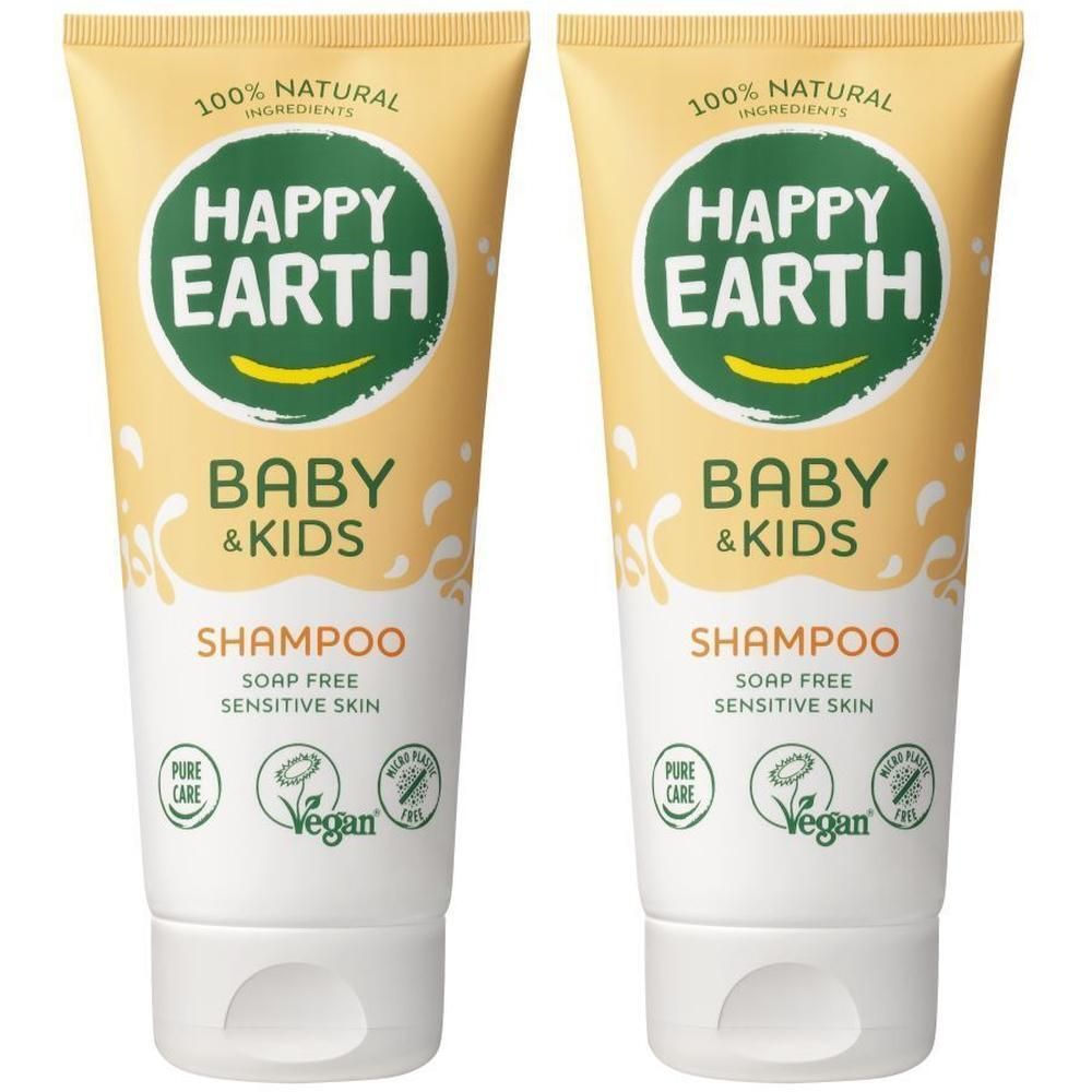 Twee flessen Happy Earth Baby & Kids Shampoo, 100% natuurlijke ingrediënten, zeepvrij.