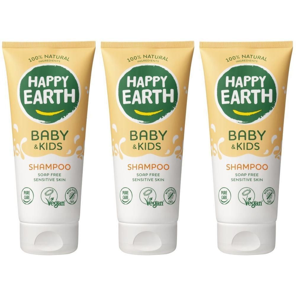 Trois flacons de shampooing Happy Earth Baby & Kids, 100% naturel, sans savon, pour peaux sensibles.