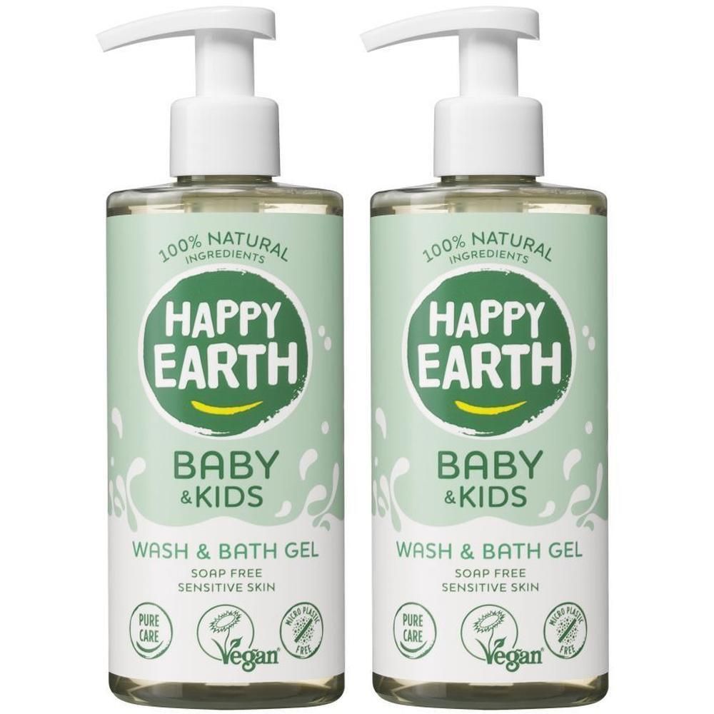Deux bouteilles de gel lavant et bain HAPPY EARTH Bébé & Enfants avec pompes. Ingrédients 100% naturels.