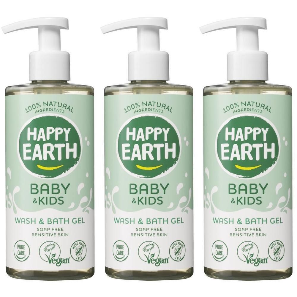 Trois bouteilles de gel lavant et de bain HAPPY EARTH Bébé & Enfants avec pompe. 100% ingrédients naturels, sans savon, pour peaux sensibles.