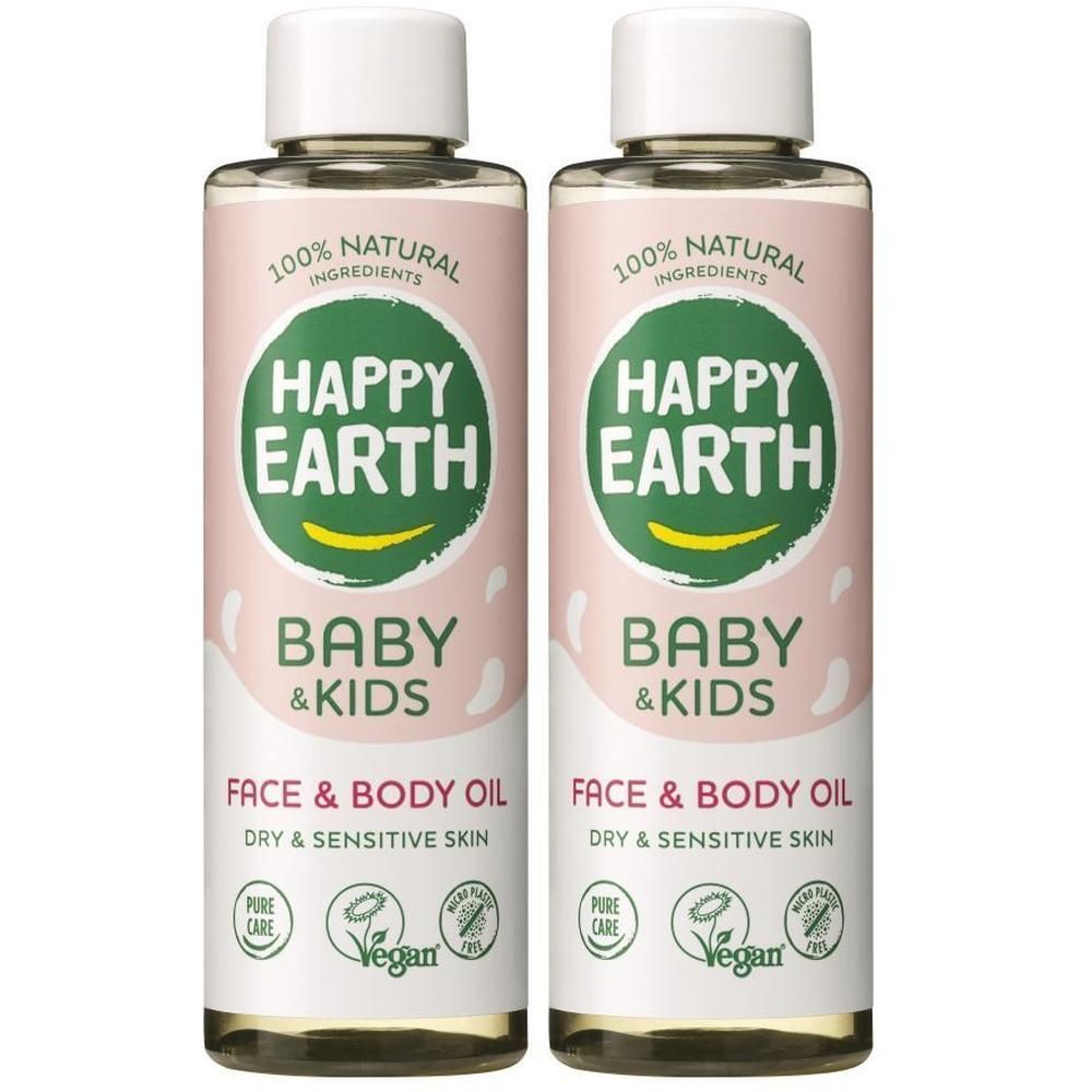 Deux flacons d'huile visage et corps Happy Earth pour bébé et enfants. Ingrédients 100% naturels.