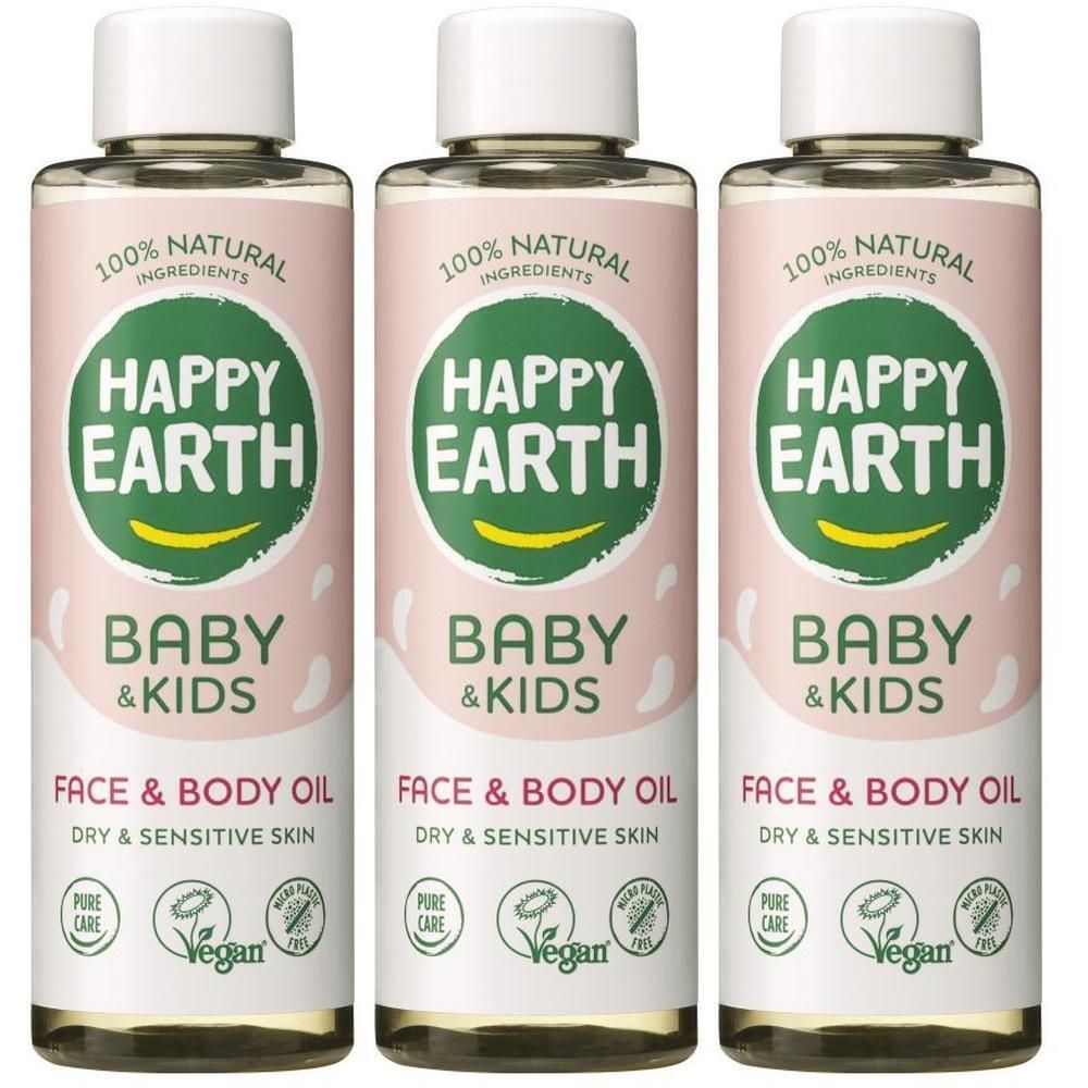 Trois flacons d'huile visage et corps Happy Earth Bébé & Enfants pour peaux sèches et sensibles.