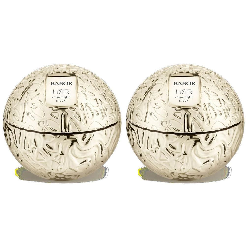 Deux pots ronds dorés contenant le masque de nuit BABOR HSR.