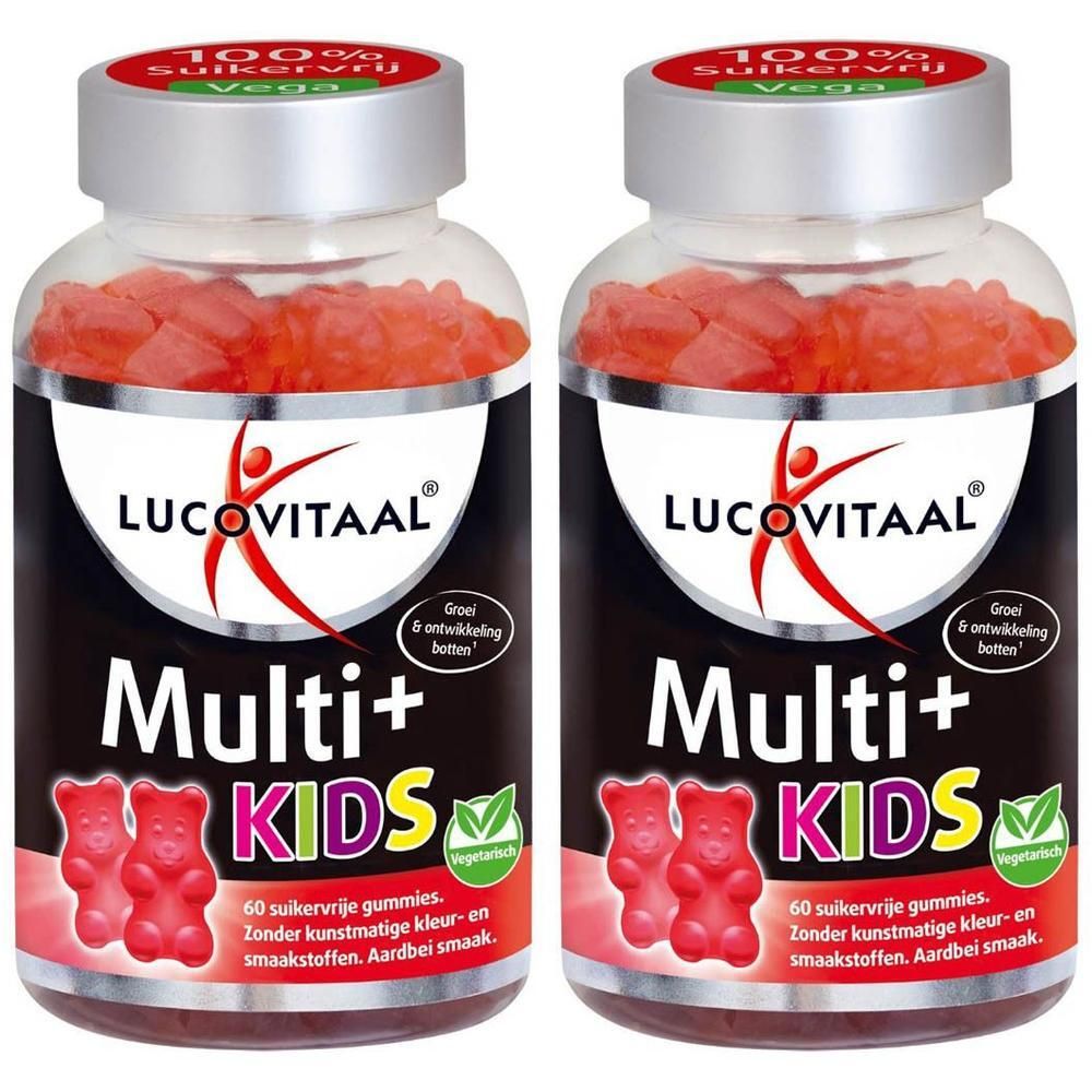 Twee flessen Lucovitaal Multi+ Kids berenvormige gummies. 60 stuks per fles.