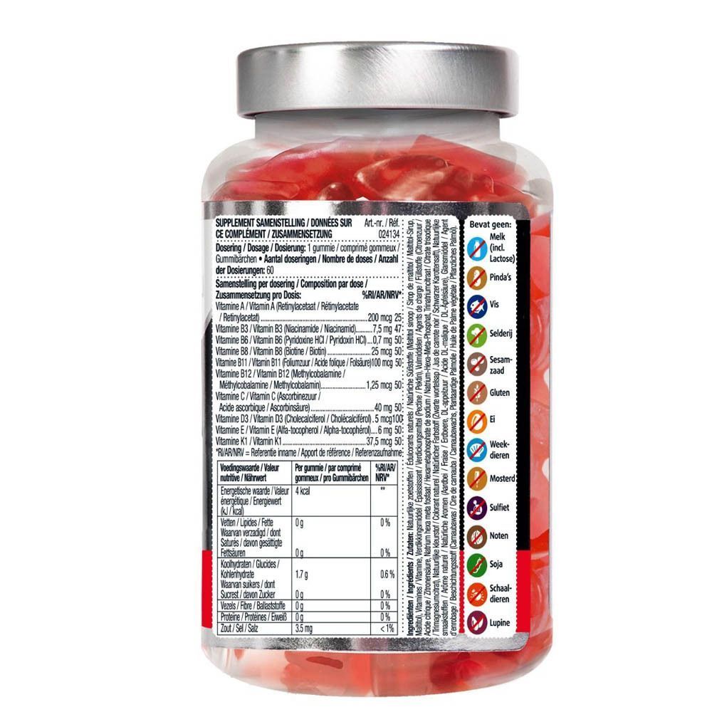 Achterkant van een fles Lucovitaal Multi+ Kids gummies met voedingswaarde en ingrediënten.