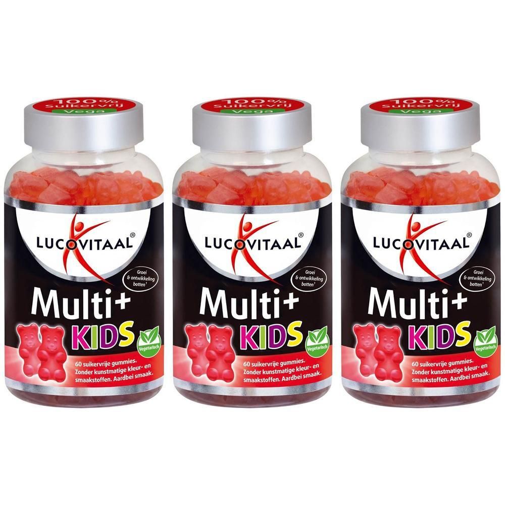 Drie flessen Lucovitaal Multi+ Kids gummies.