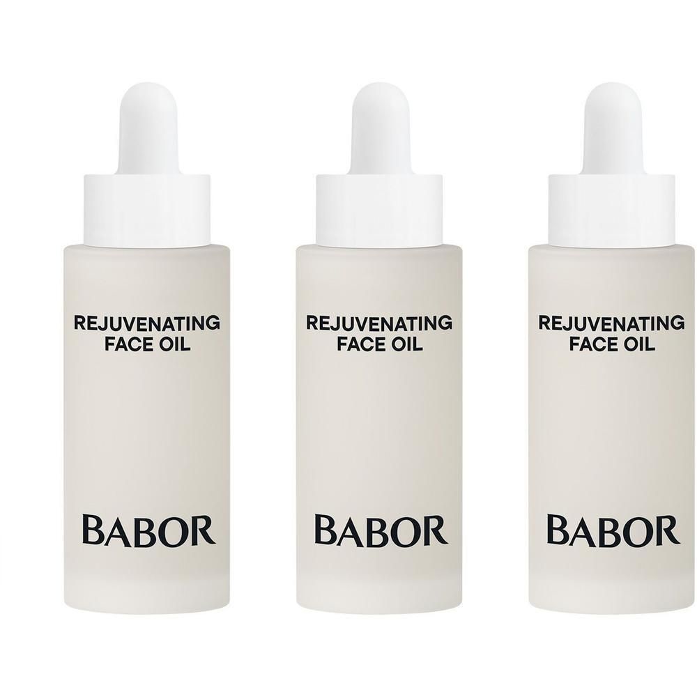 Trois flacons en verre avec compte-gouttes, Babor Rejuvenating Face Oil.