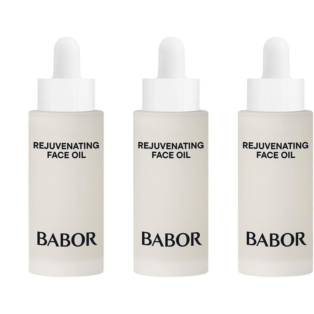 Drie glazen flesjes met druppelaar, Babor Rejuvenating Face Oil.