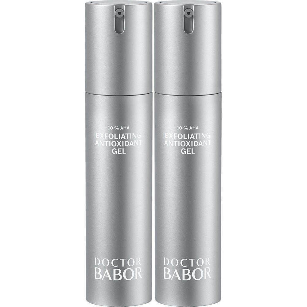Twee zilverkleurige dispenserflessen van Doctor Babor Resurface Gel Exfoliant Antioxidant.