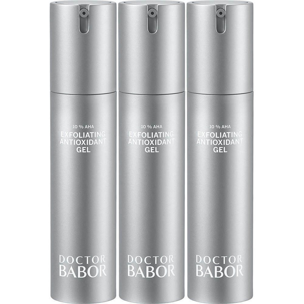 Drie zilveren pompflesjes van Doctor Babor Resurface Gel Exfoliant Antioxydant.