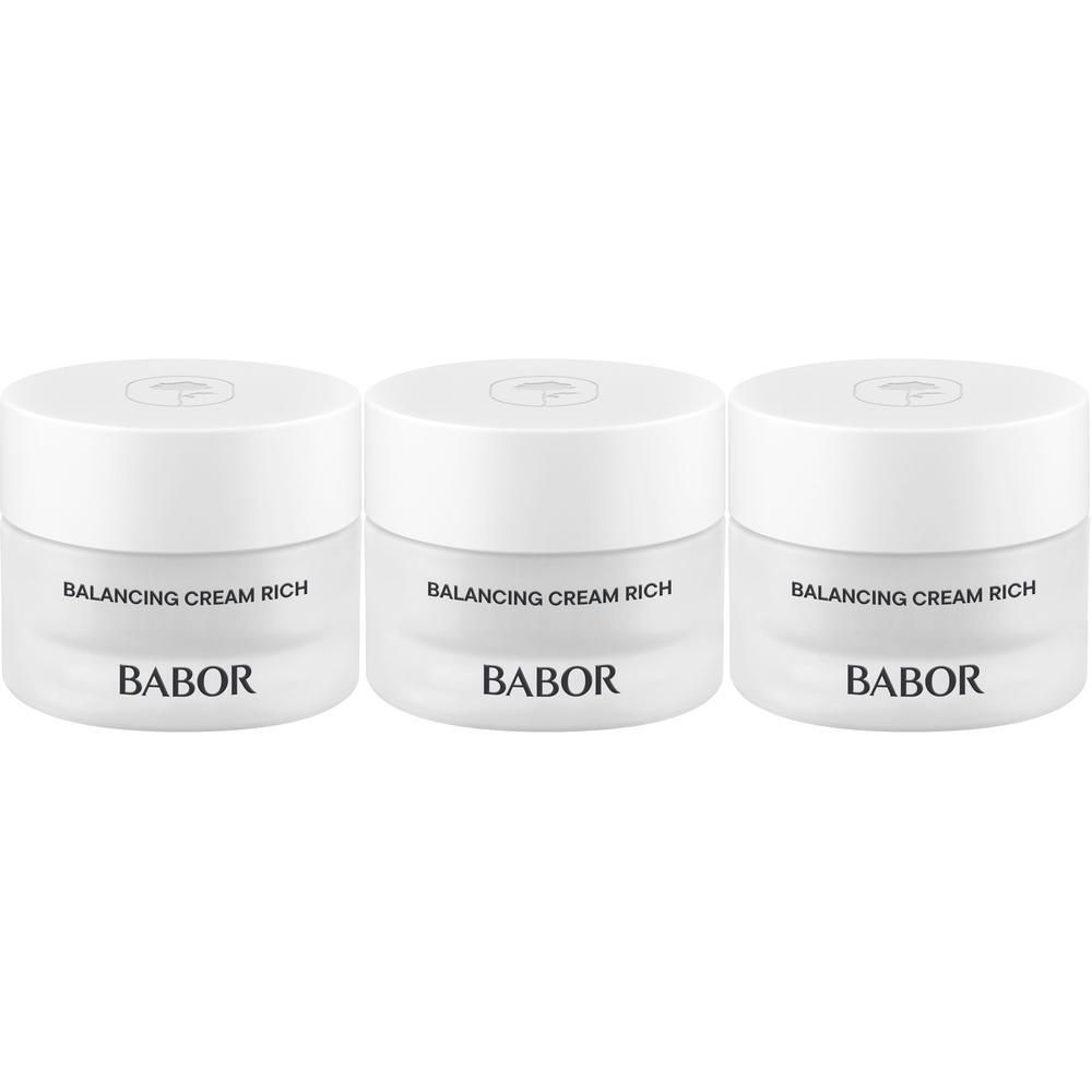 Trois pots de BABOR Balancing Cream Rich côte à côte.