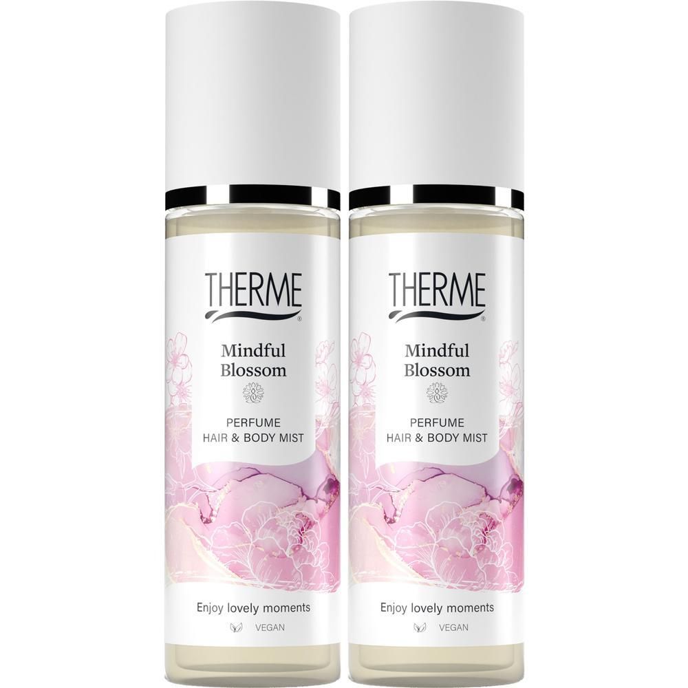 Twee flacons Therme Mindful Blossom parfum haarspray en body mist.