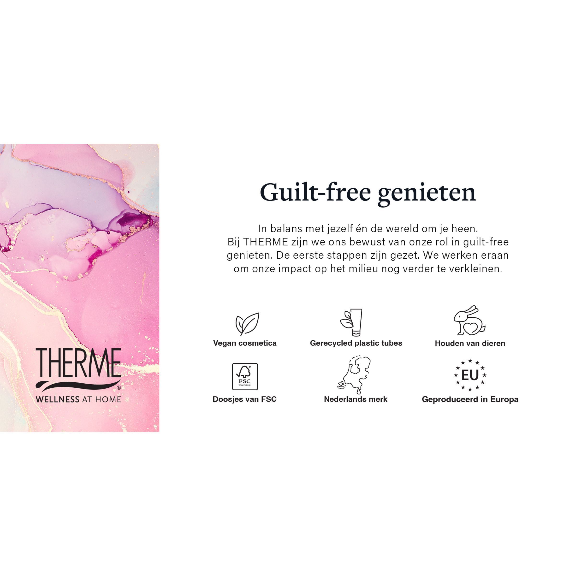 Therme Mindful Blossom productinformatie met keurmerken voor vegan cosmetica en gerecyclede verpakking.