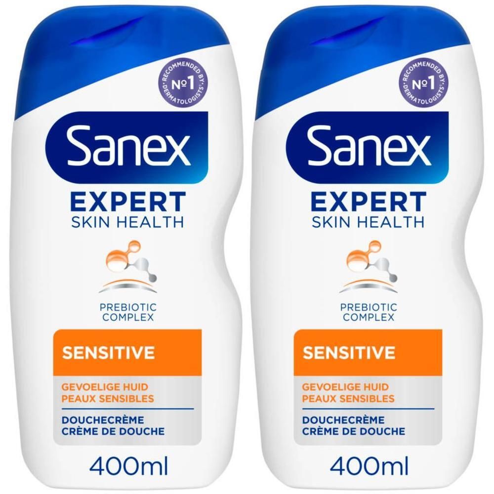 Deux flacons de Sanex Expert Skin Health Crème de Douche Sensitive, 400ml.