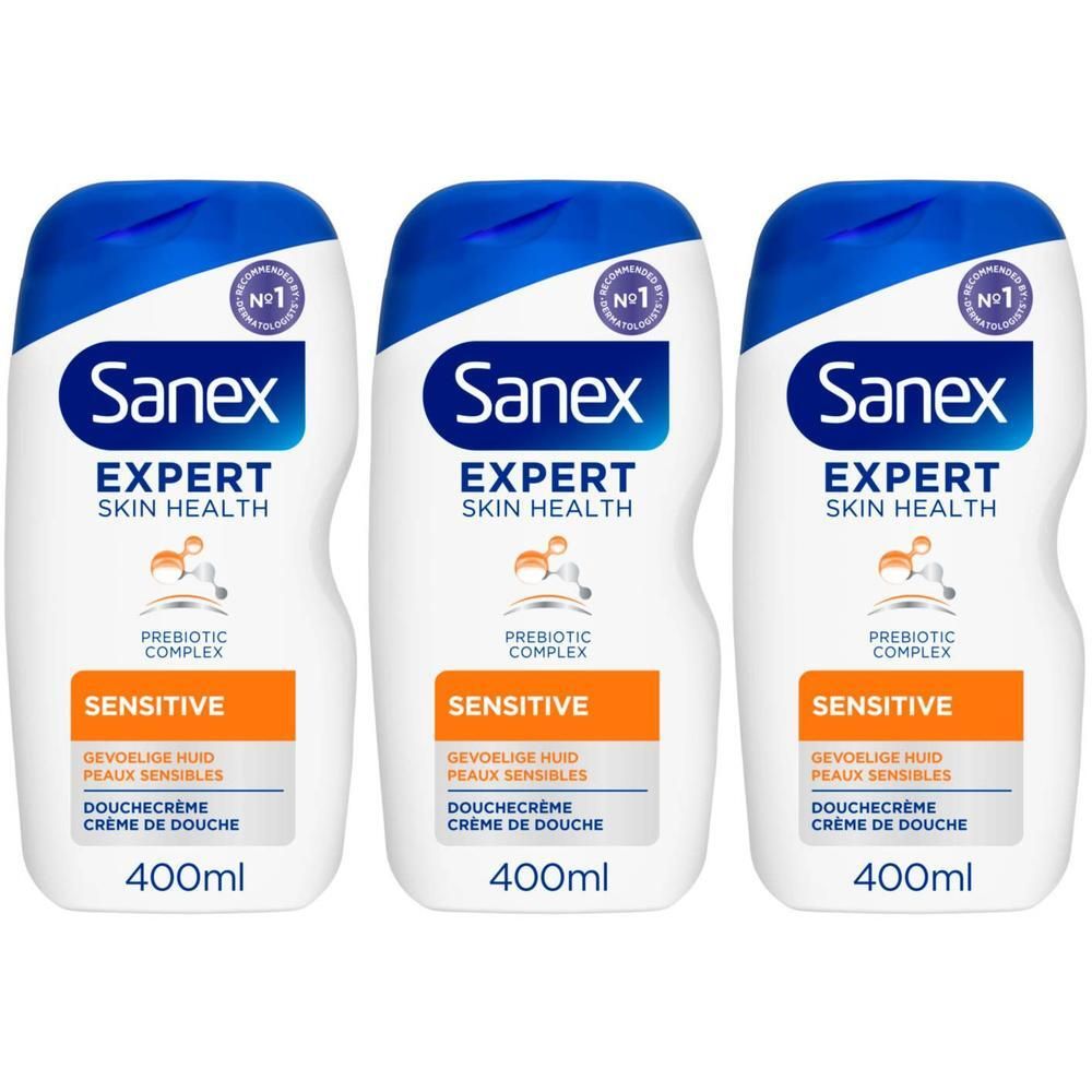 Drie flessen Sanex Expert Skin Health Sensitive Douchecrème.