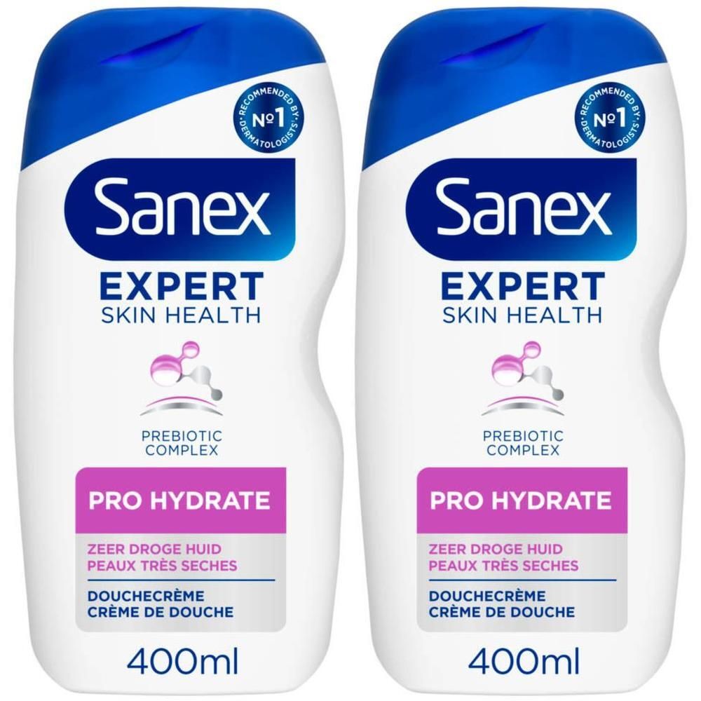 Twee flessen Sanex Expert Skin Health Pro Hydrate douchecrème voor zeer droge huid.