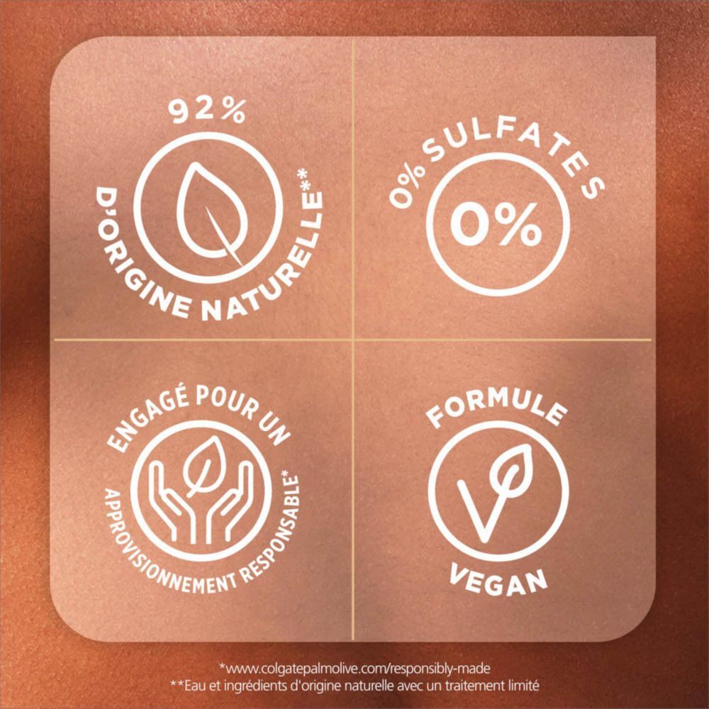 Quatre sceaux : 92% d'origine naturelle, 0% sulfates, approvisionnement responsable, formule végane.