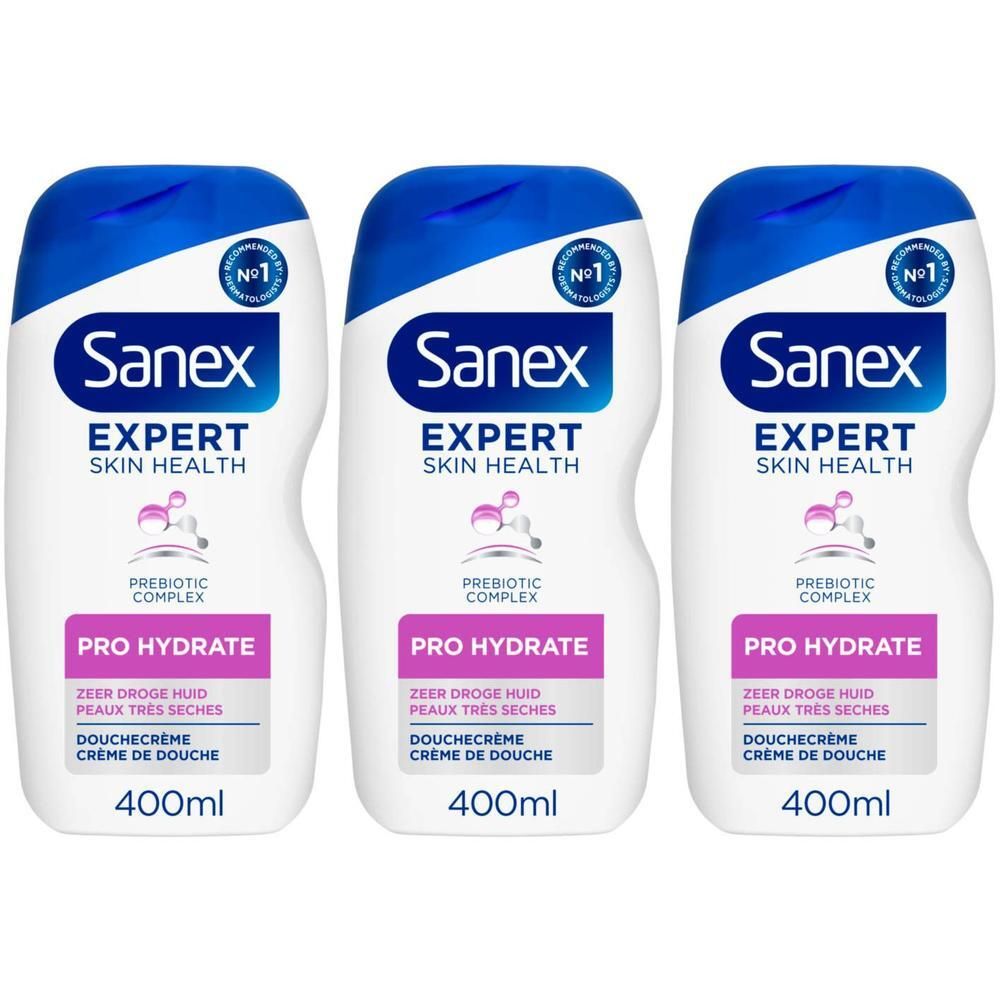 Trois flacons de Sanex Expert Skin Health Pro Hydrate Crème de Douche pour peaux très sèches.