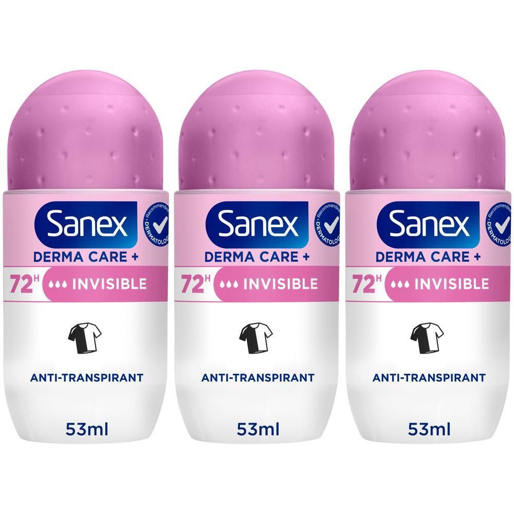 Trois roll-on déodorants Sanex Derma Care+ Invisible 72h, 53ml chacun.