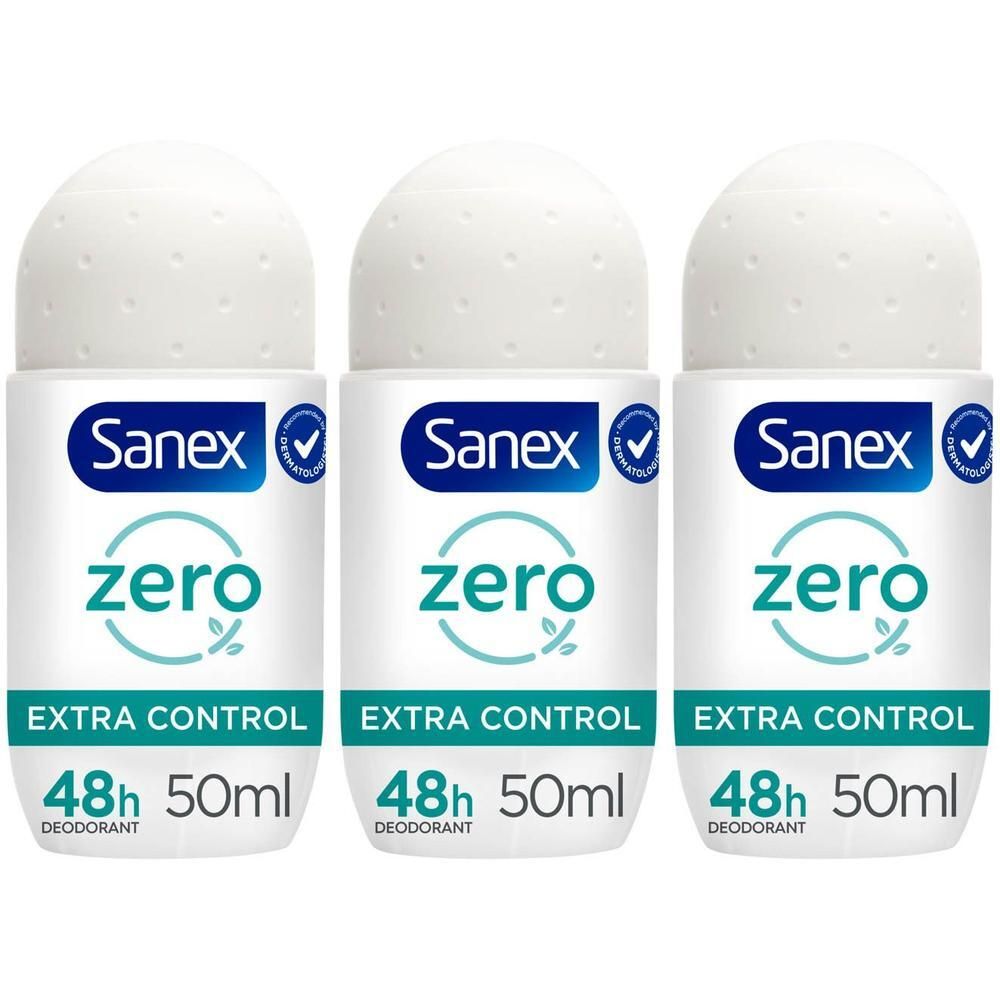 Drie Sanex Zero% Extra Control 48h deodorant roll-ons.