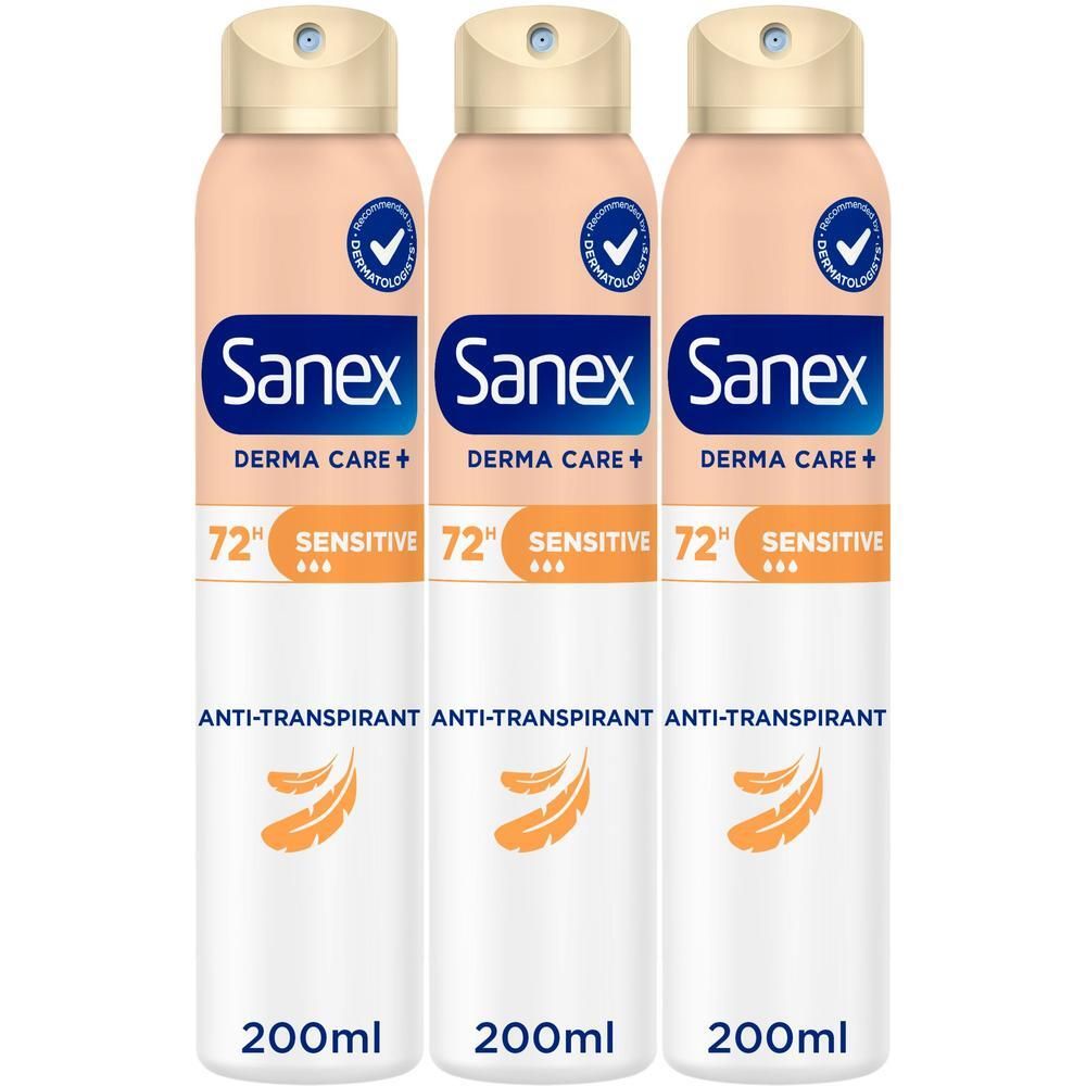 Drie Sanex Derma Care+ Sensitive 72h Anti-transpirant sprays.