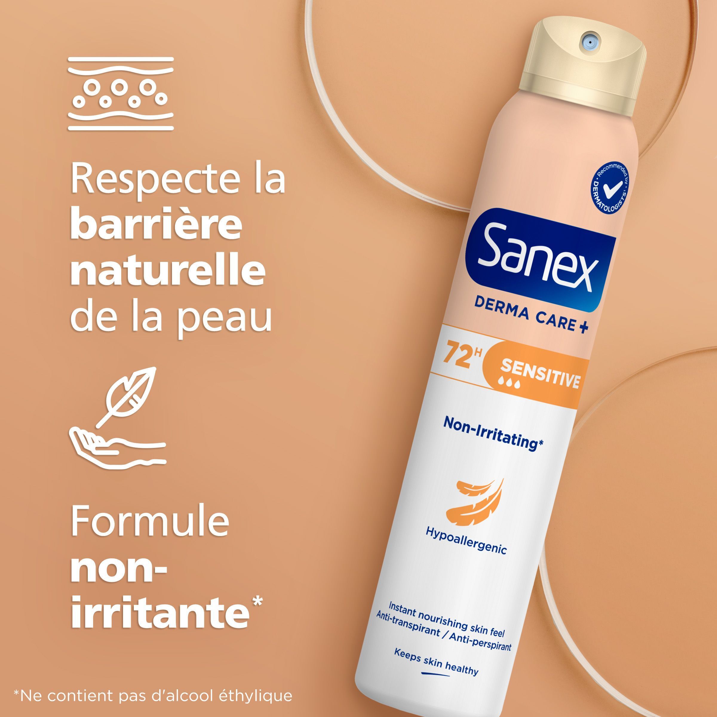 Sanex Derma Care+ Sensitive : Respecte la barrière naturelle de la peau, formule non irritante.