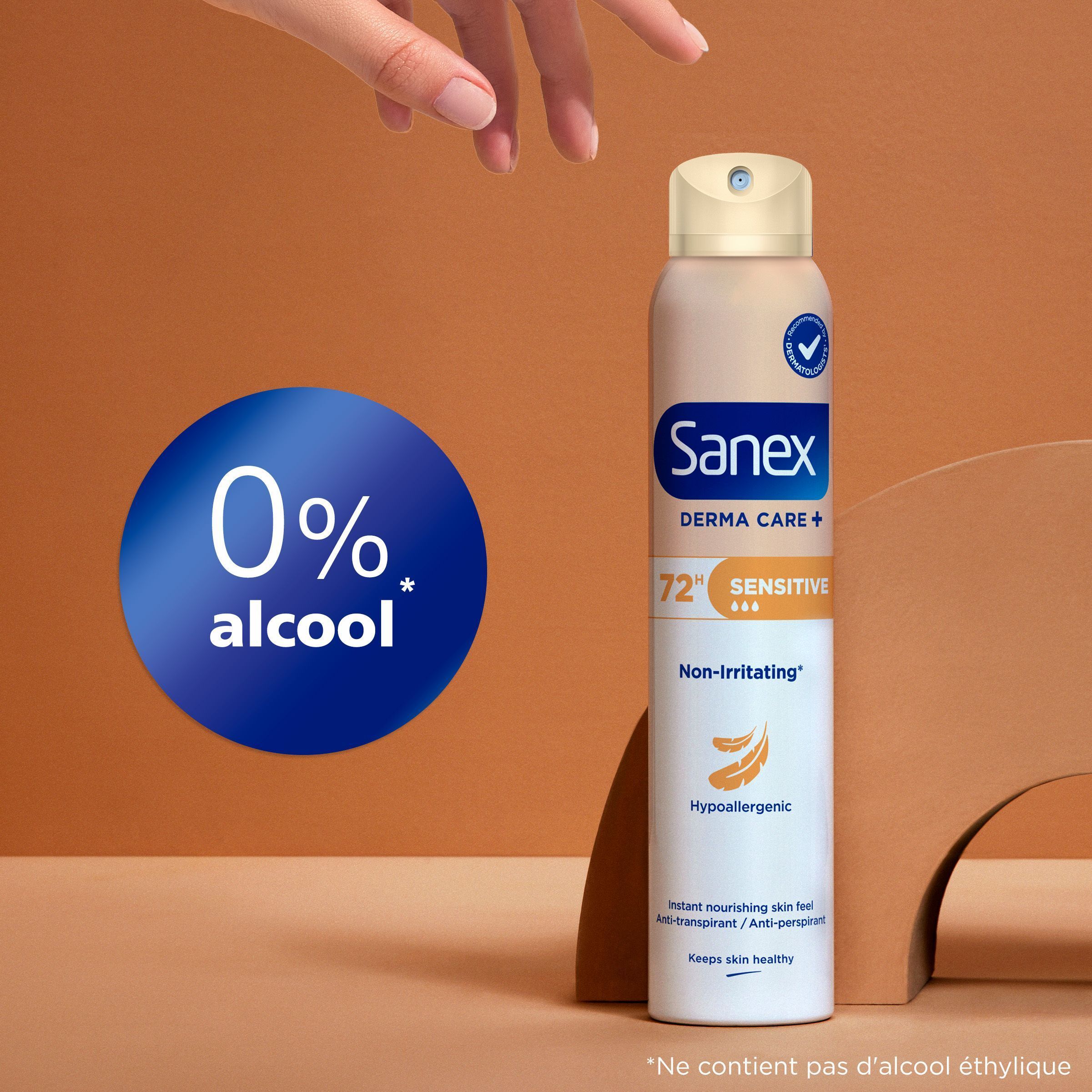 Sanex Derma Care+ Sensitive : 0% alcool, non irritant.