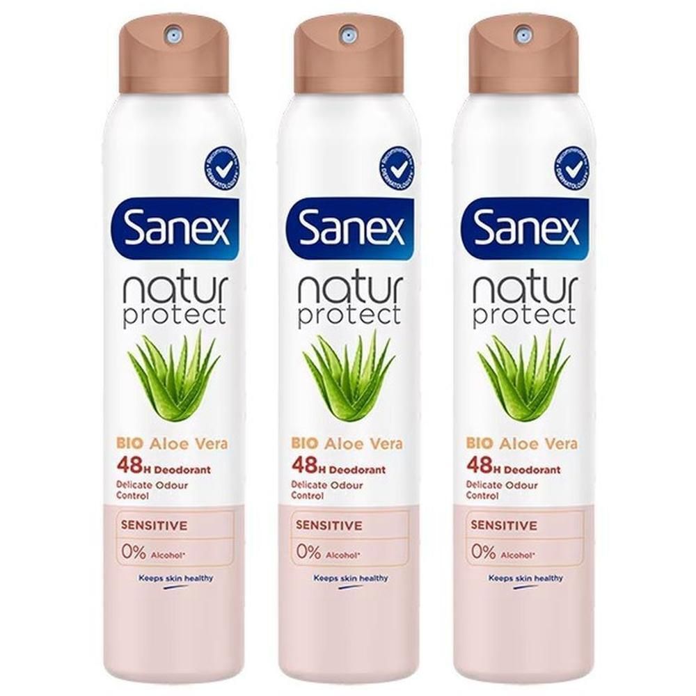 Drie Sanex Natur Protect 48h deodorant sprays met Aloë Vera voor gevoelige huid.