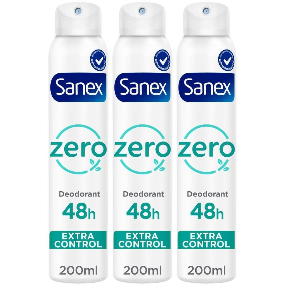 Trois déodorants Sanex Zero% en spray, contrôle extra 48h.