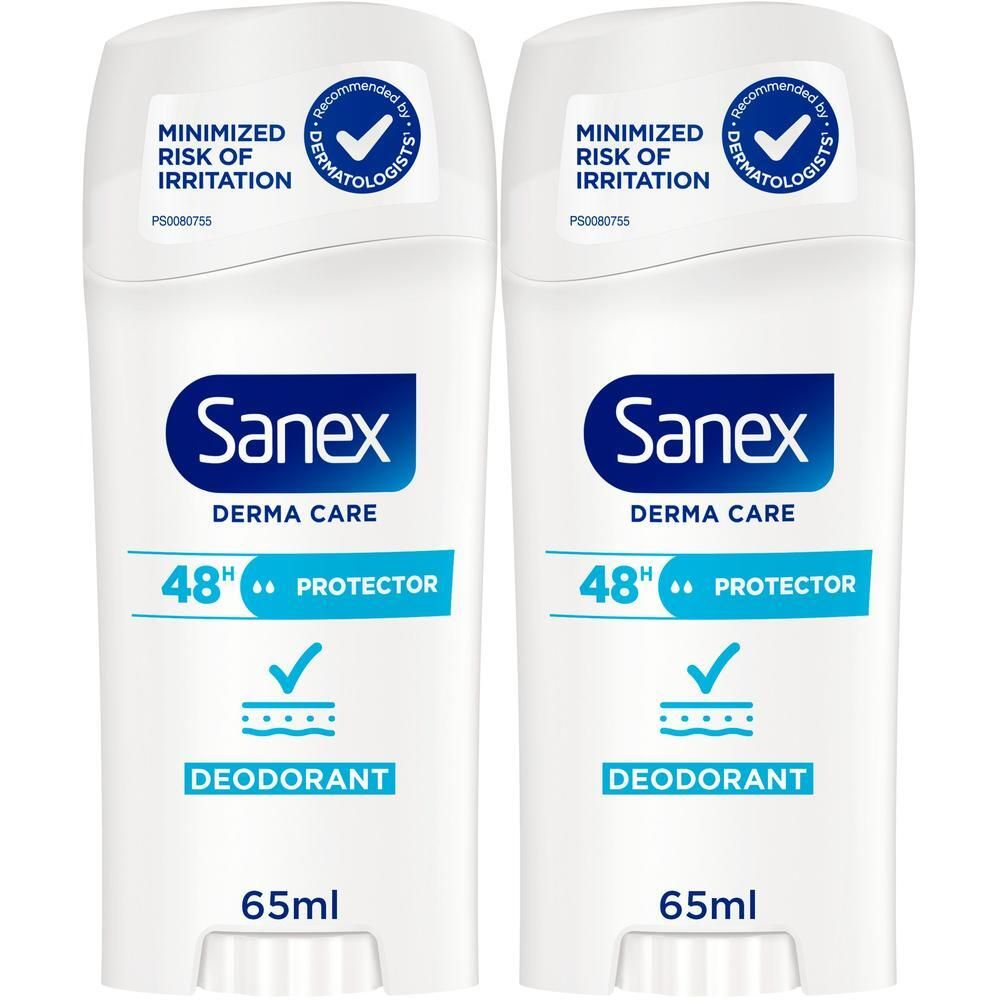 Twee witte Sanex deodorantsticks met blauwe belettering en 48 uur bescherming.