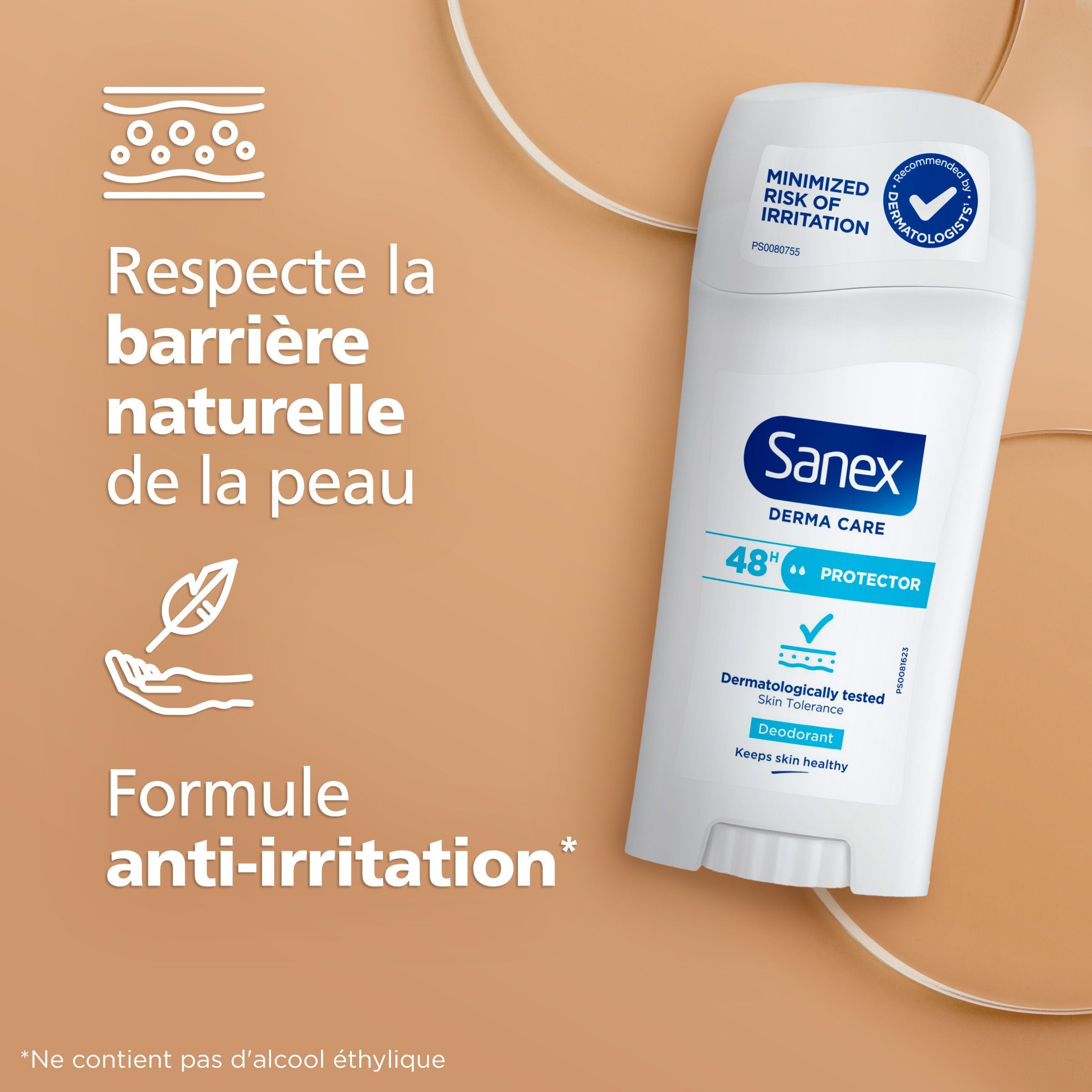 Stick déodorant Sanex : Respecte la barrière cutanée. Formule anti-irritation.