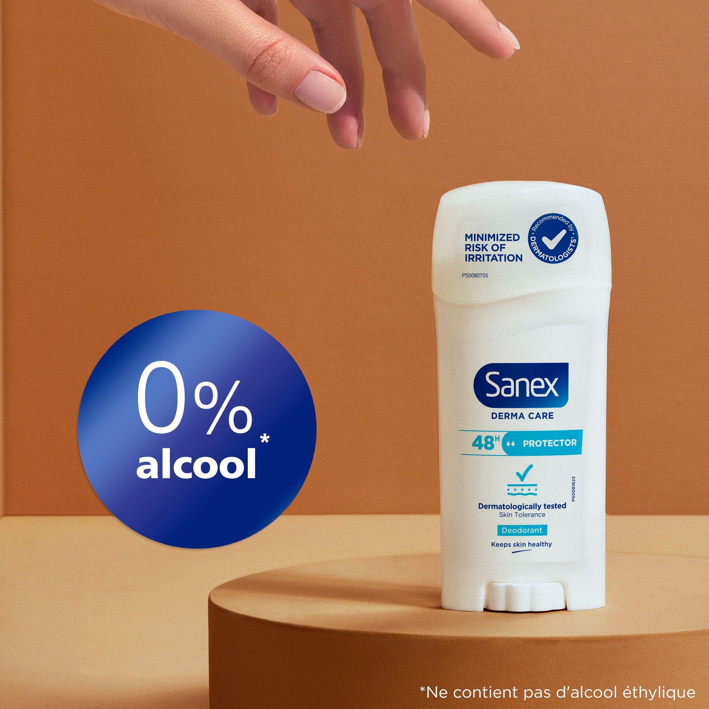 Stick déodorant Sanex : 0% alcool. Risque d'irritation minimisé.
