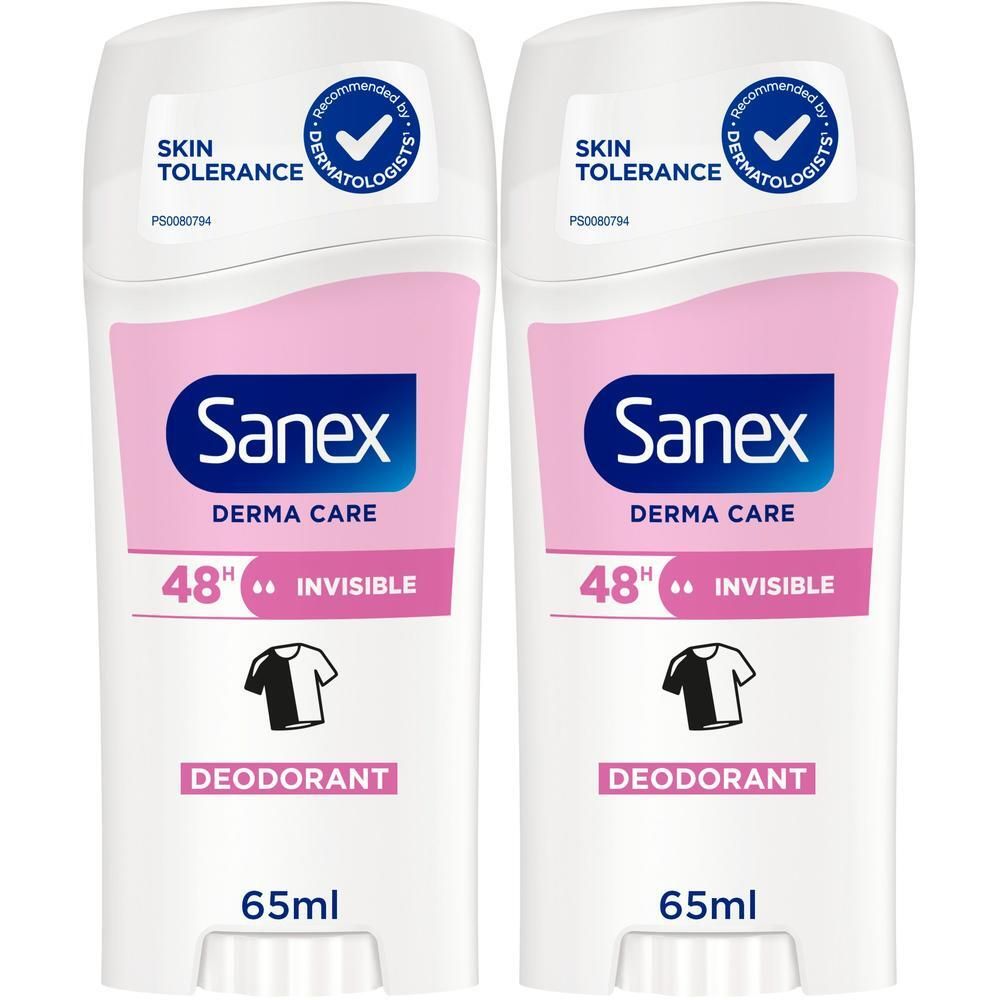 Deux sticks déodorants Sanex Derma Care Invisible 48h, 65ml. Tolérance cutanée recommandée par des dermatologues.