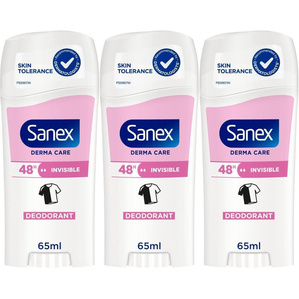Drie Sanex Derma Care Invisible 48h deodorant sticks, elk 65ml.