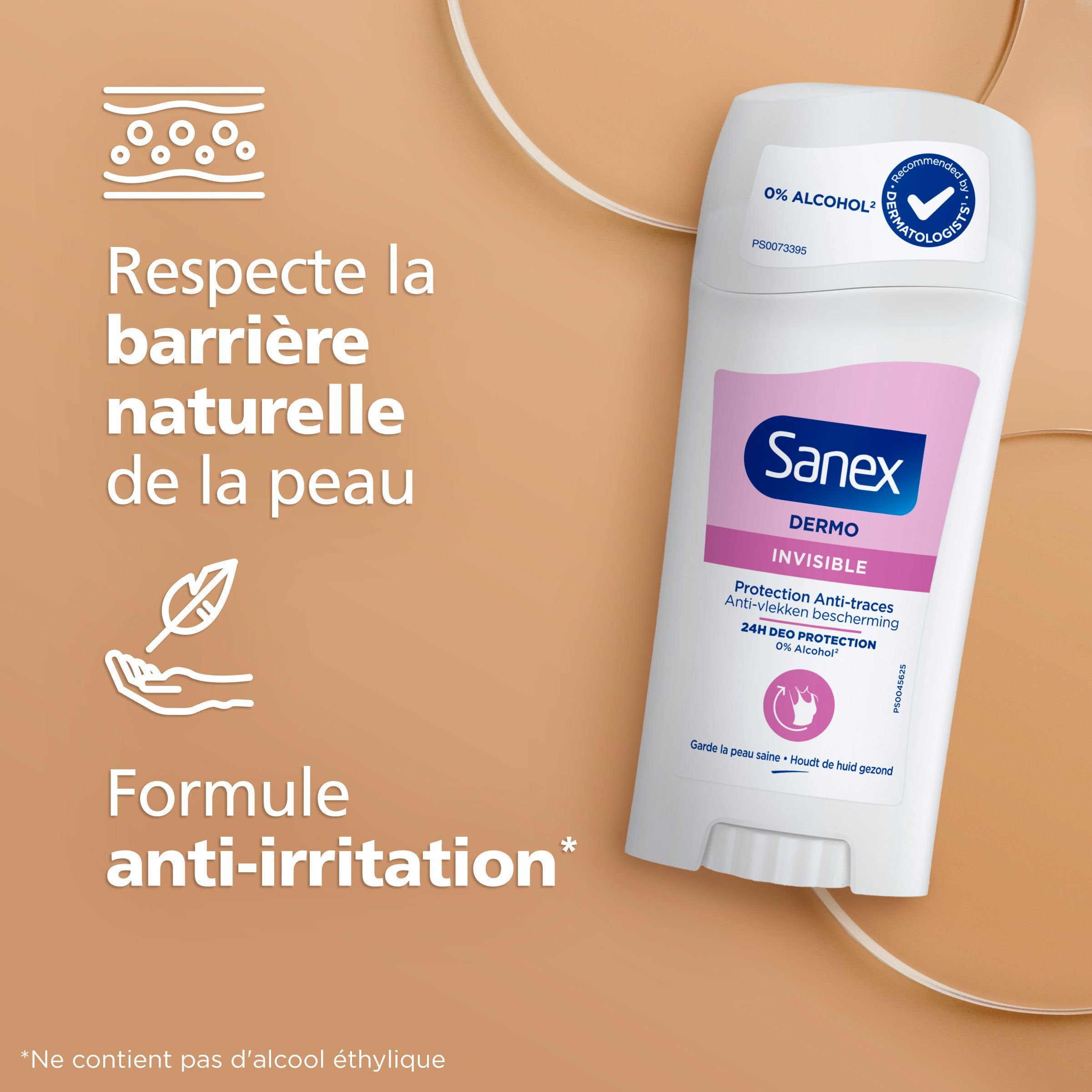 Stick déodorant Sanex Derma Care Invisible, 0% alcool.
