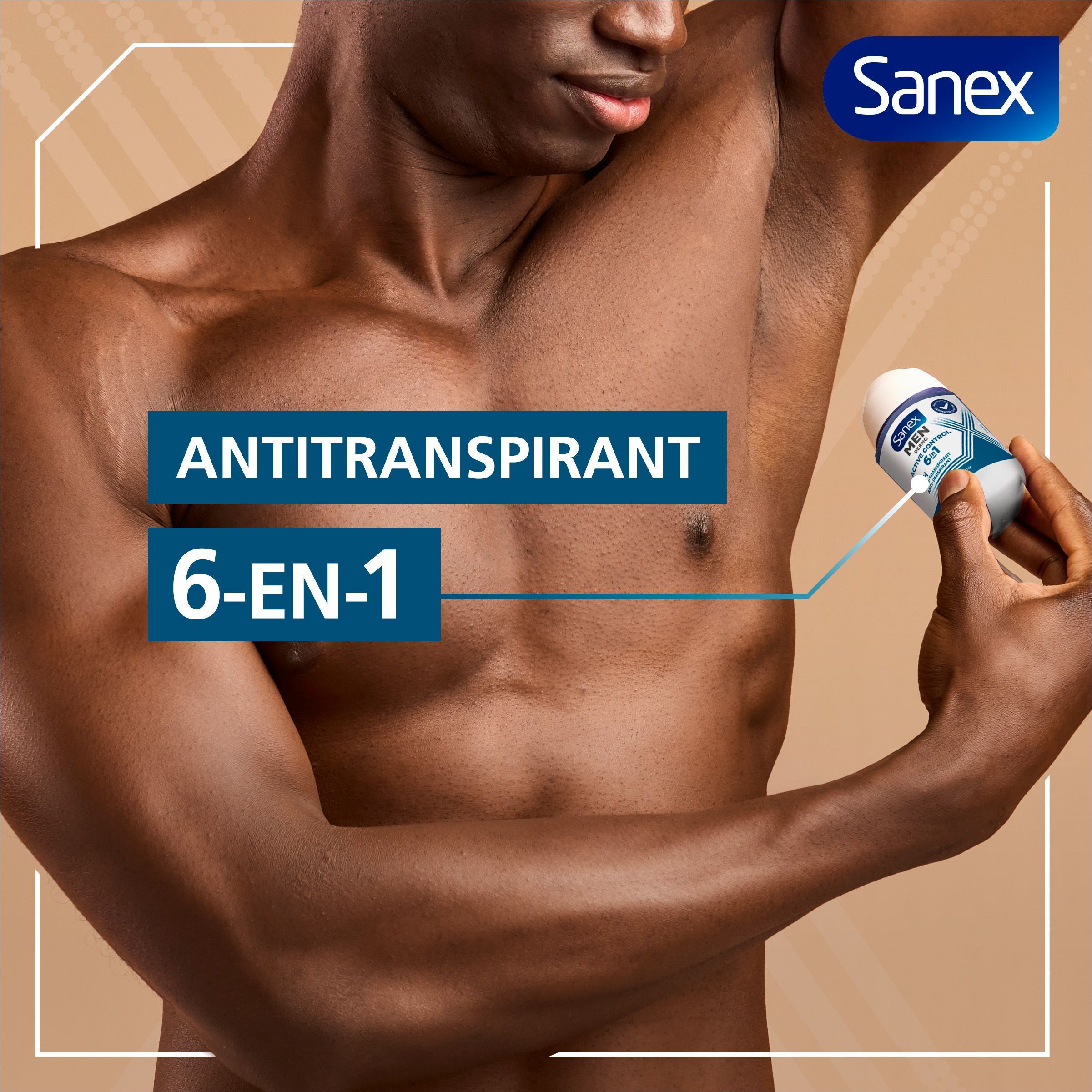 Un homme applique le roll-on Sanex Men Active Control. Anti-transpirant 6-en-1.