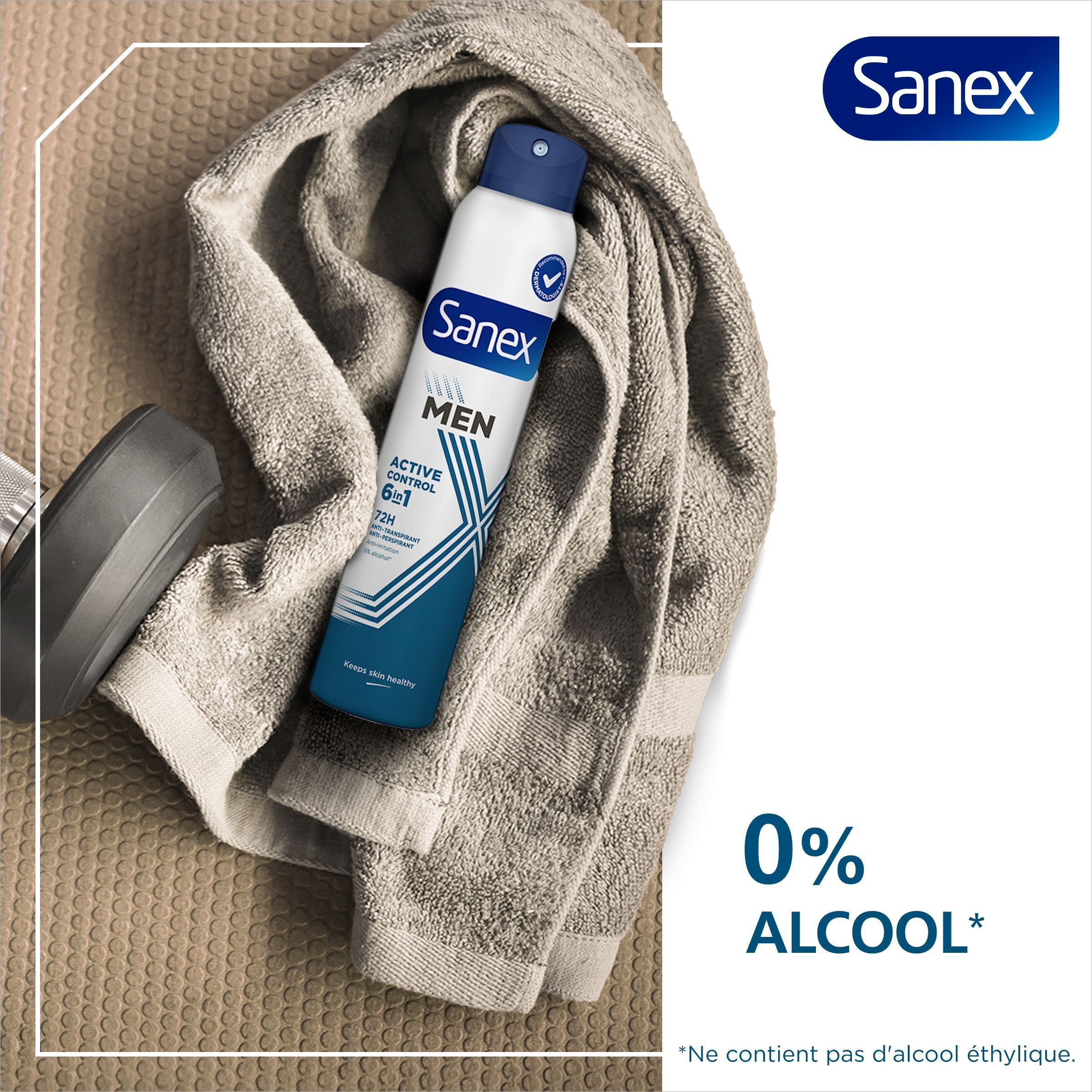Sanex Men Active Control Spray sur une serviette. 0% alcool.