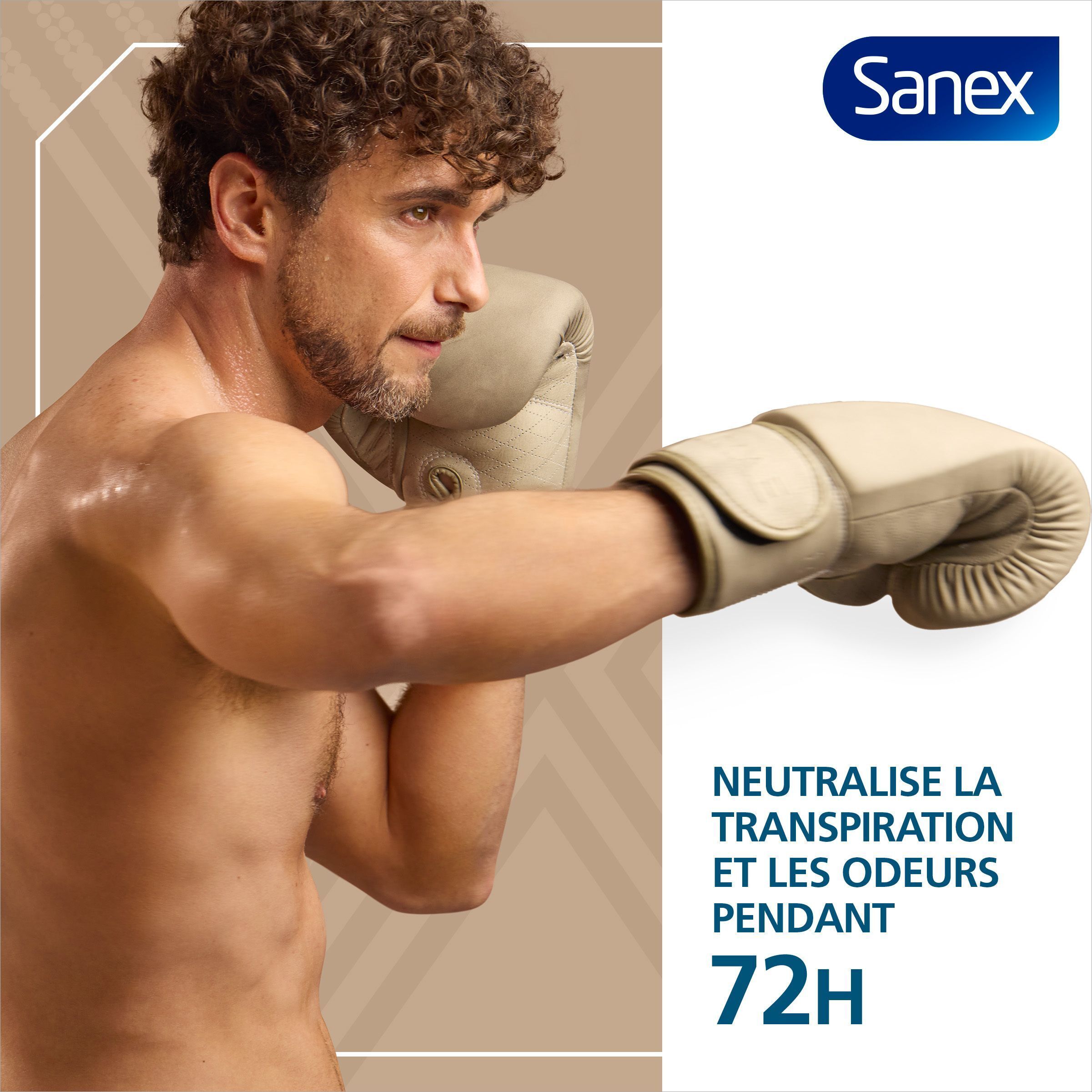 Homme boxant. "NEUTRALISE LA TRANSPIRATION ET LES ODEURS PENDANT 72H" affiché.