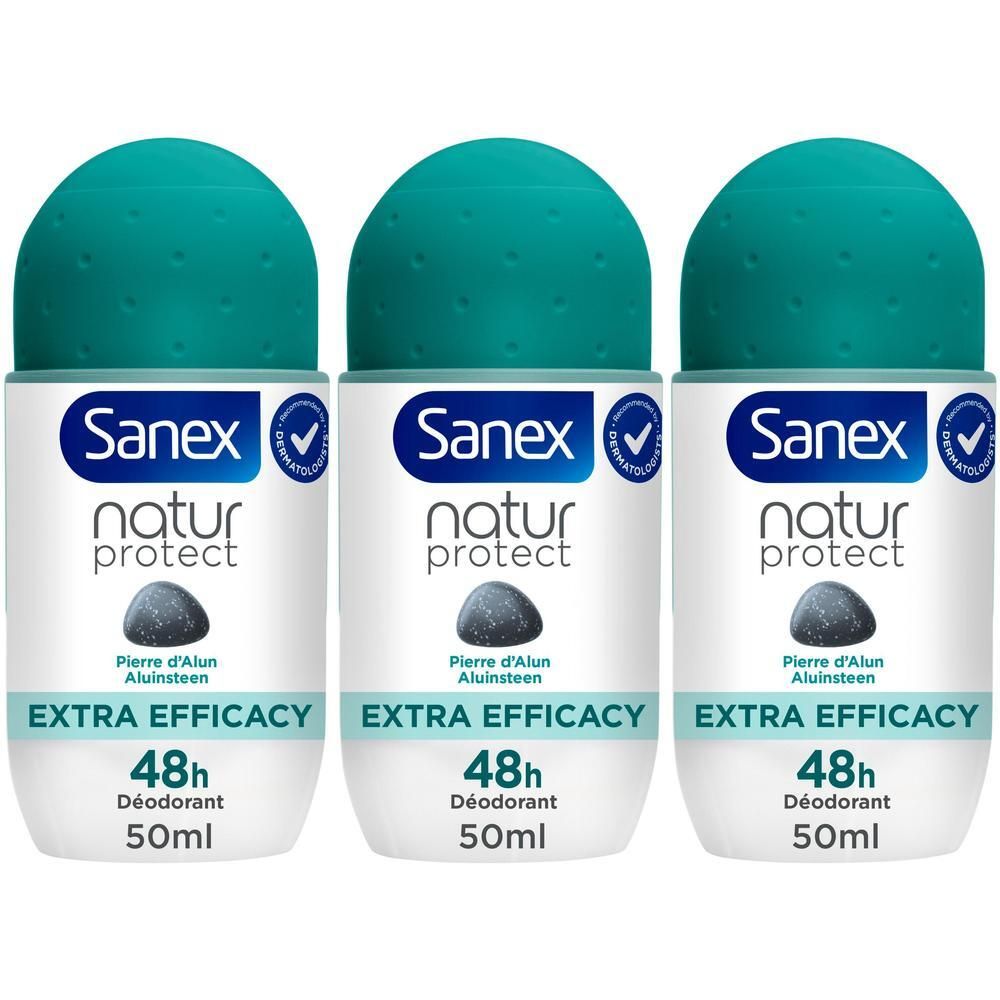 Drie Sanex Natur Protect roll-on deodorants met aluinsteen.